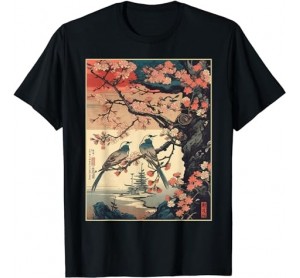 Vintage Cherry Blossom Woodblock Tee Japanese Graphical Art T-Shirt 1